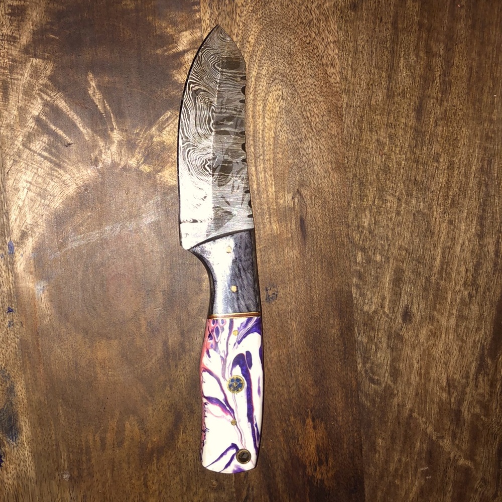 Damascus Knife Full Tang Corain and Wood Handle NWOT